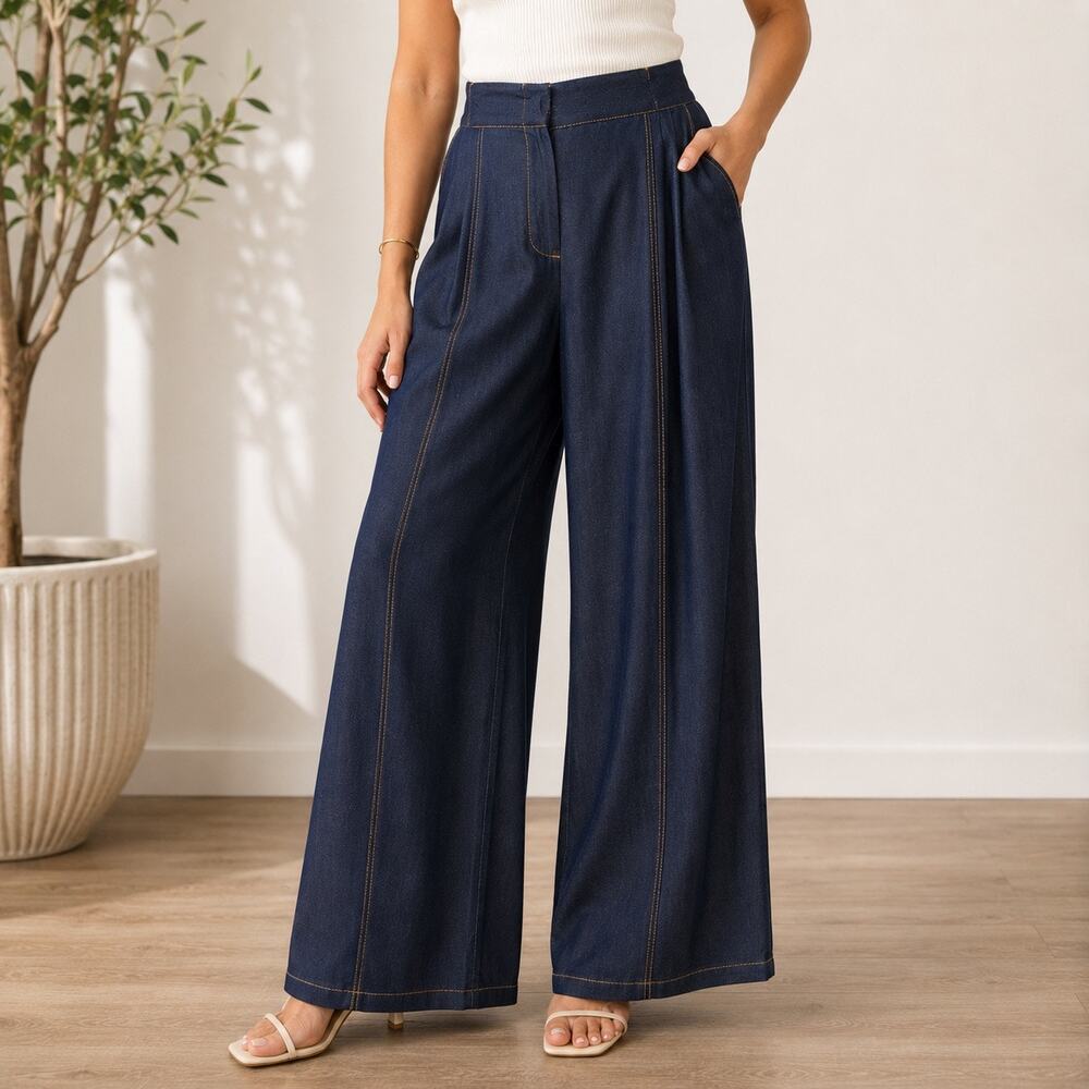 Zara Dark Chambray Wide Leg Trousers Sz M